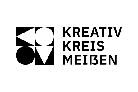 Logo des Kreativ Kreis Meißen mit schwarzen geometrischen Formen links und der Schrift auf der rechten Seite